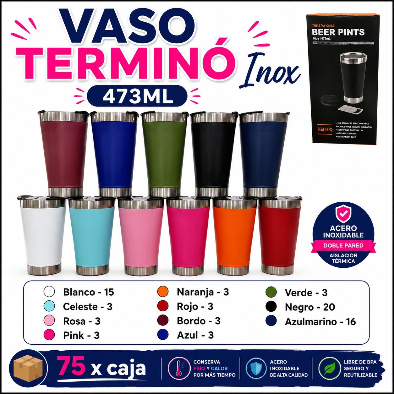 Vaso térmico inox 473 ml · Caja x75
