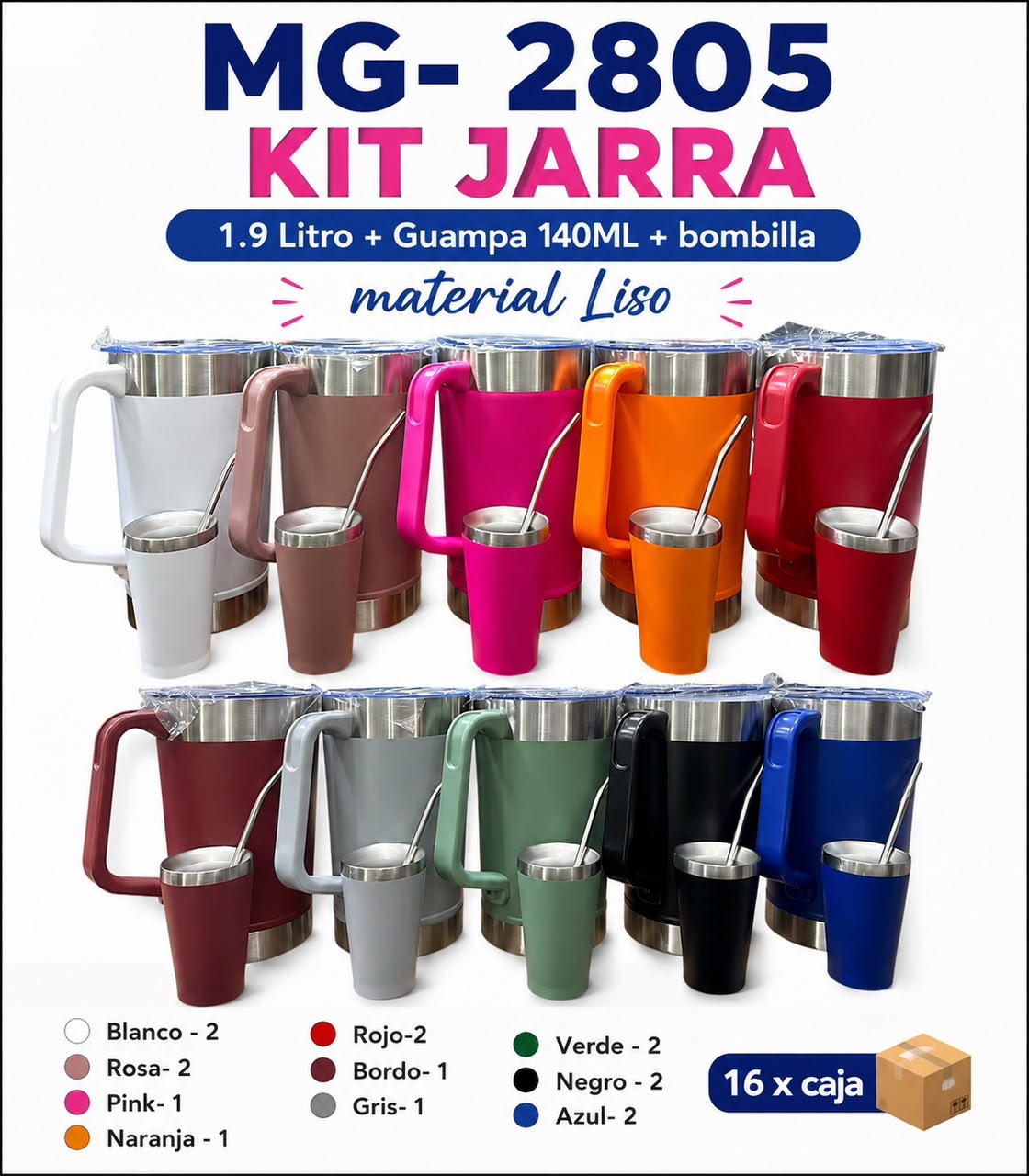 Kit jarra térmica 1,9 L con guampa y bombilla · Caja x16