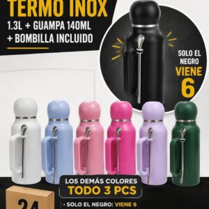Termo inox 1,3 L con guampa y bombilla · Caja x24