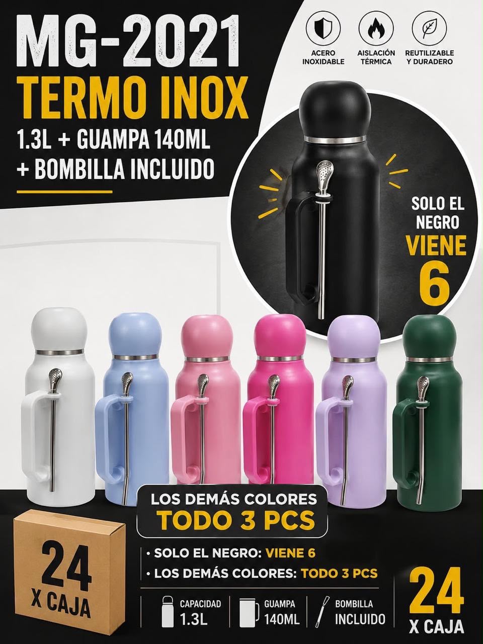 Termo inox 1,3 L con guampa y bombilla · Caja x24