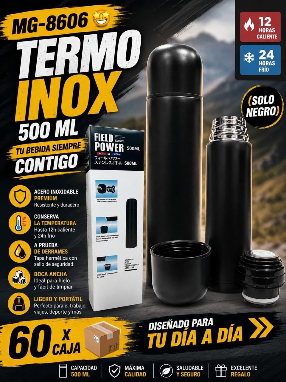 Termo inox 500 ml negro · Caja x60