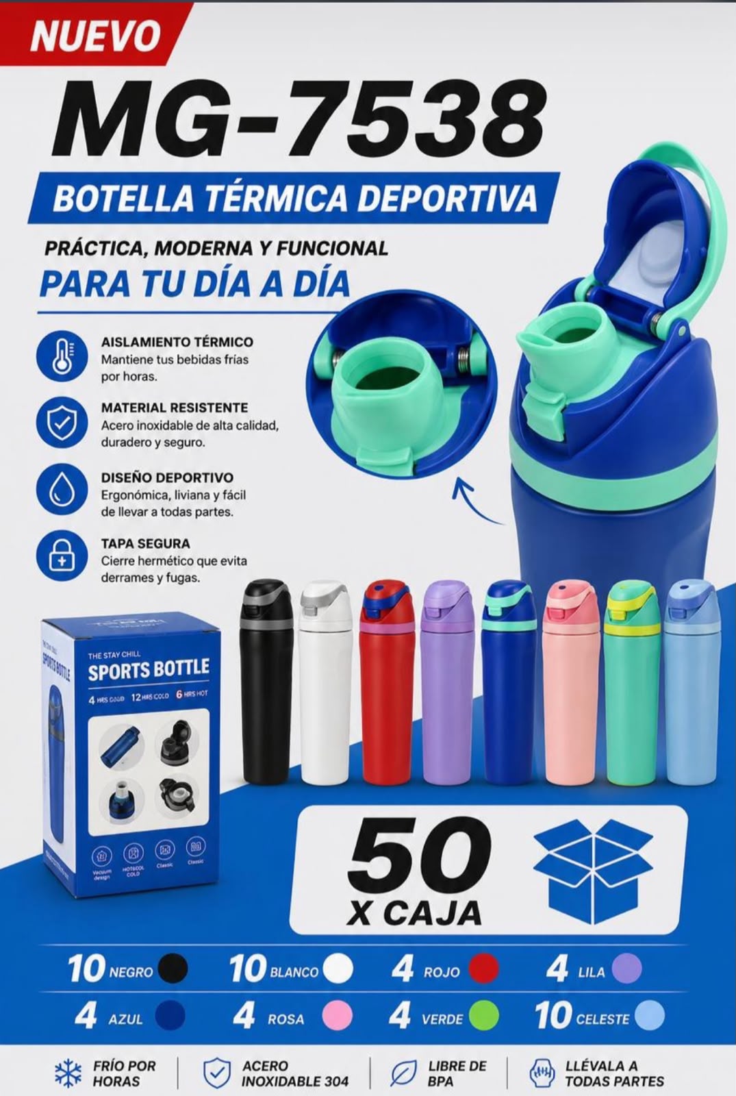 Botella térmica deportiva 650 ml · Caja x50
