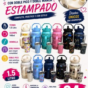 Kit termo estampado 1,5 L doble pico y doble manija · Caja x24