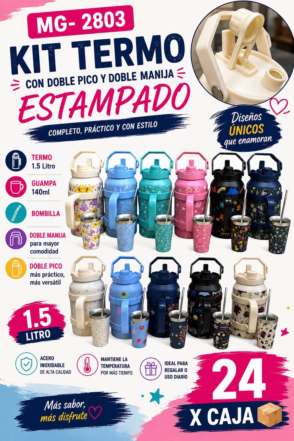 Kit termo estampado 1,5 L doble pico y doble manija · Caja x24