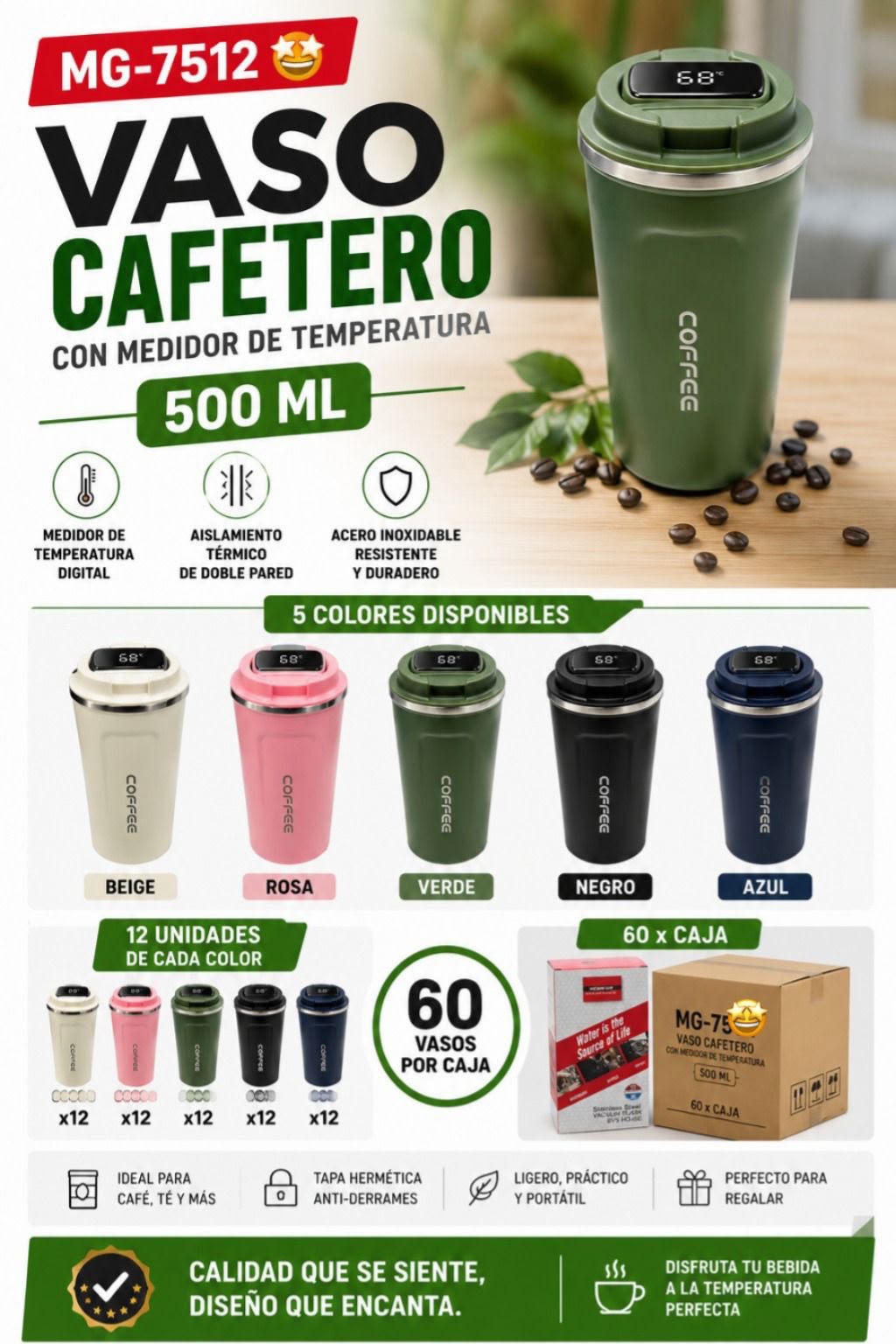 Vaso cafetero 500 ml con medidor de temperatura · Caja x60