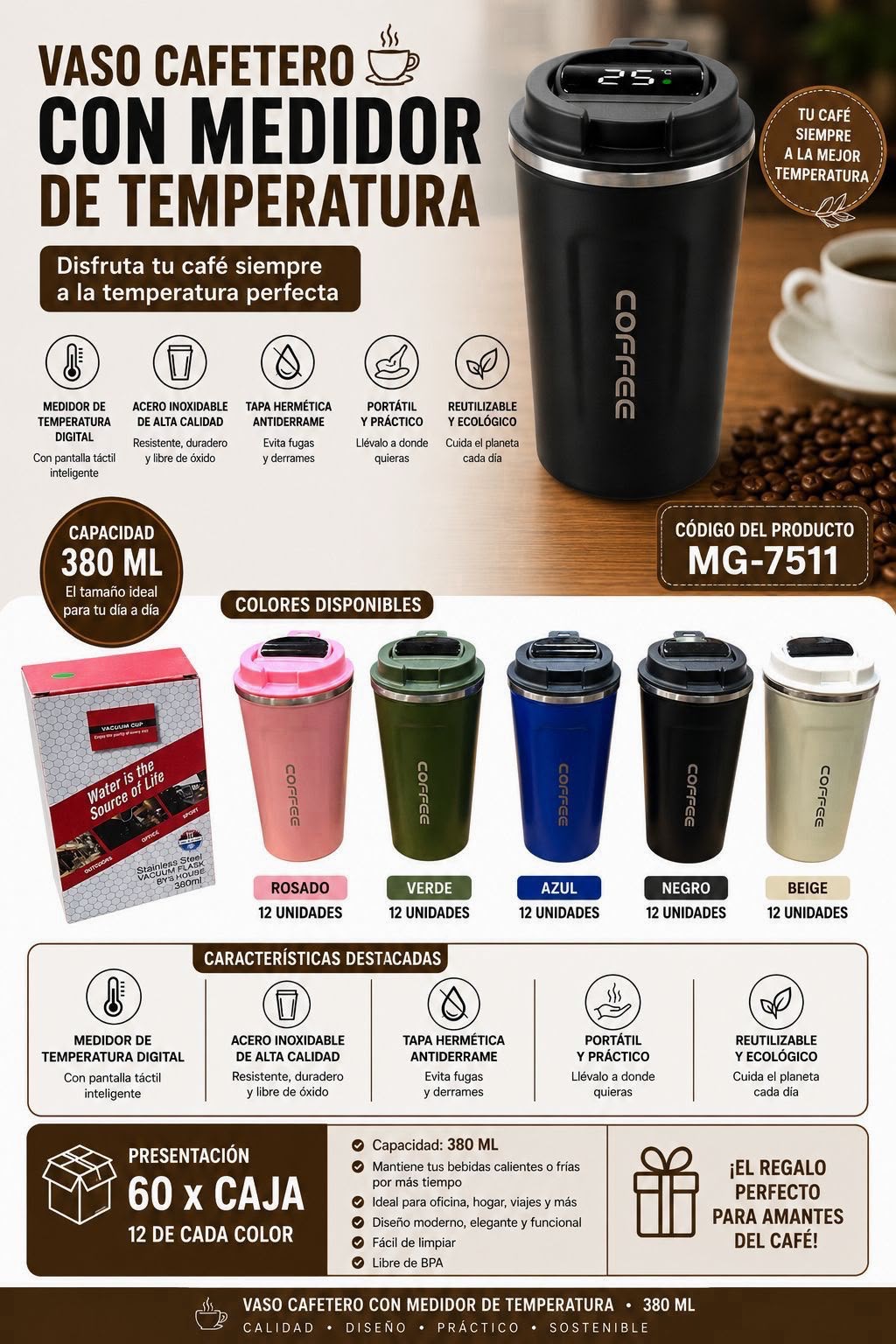 Vaso cafetero 380 ml con medidor de temperatura · Caja x60