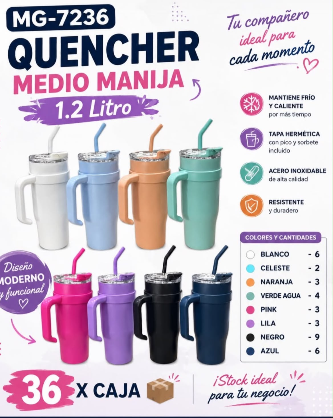 Vaso térmico medio manija 1,2 L · Caja x36