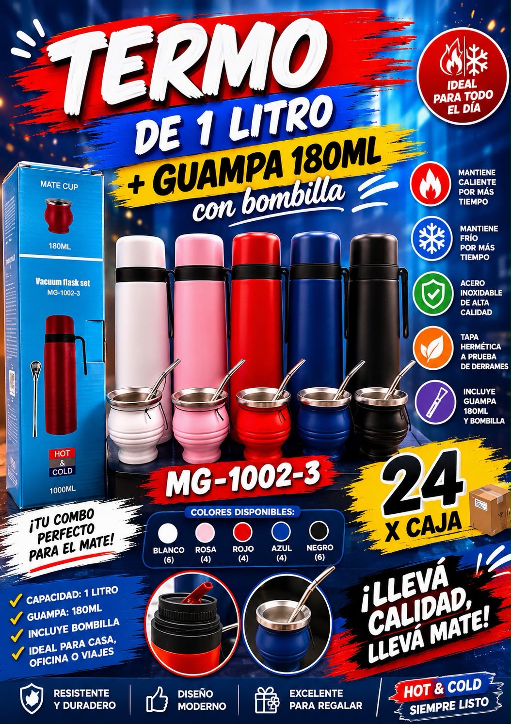 Termo 1 L con guampa 180 ml y bombilla · Caja x24