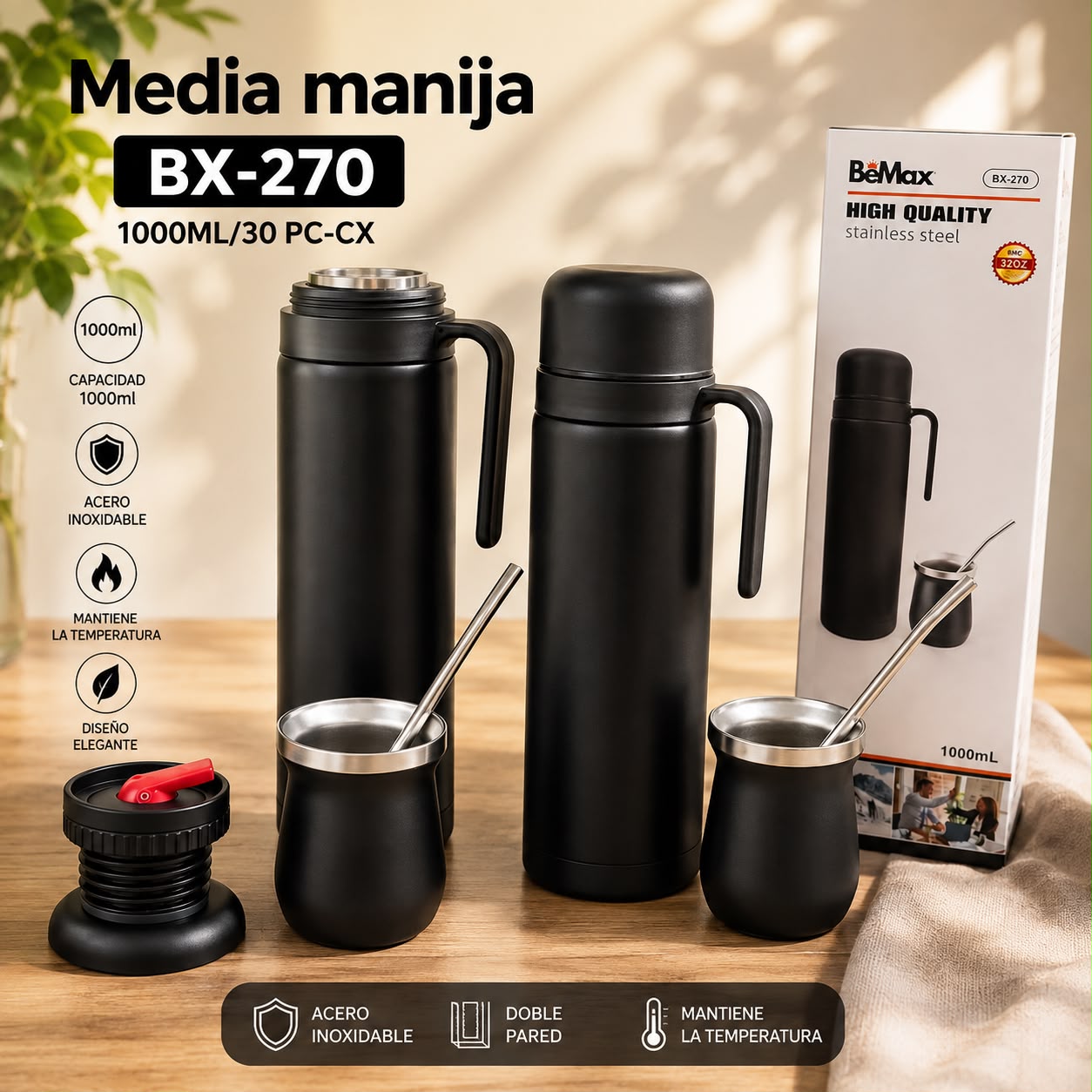 Termo media manija 1 L con guampa negro · Caja x30