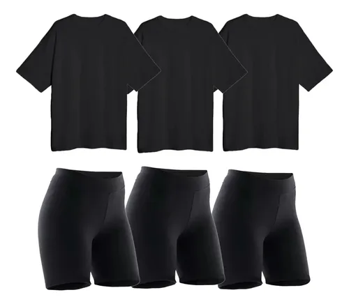 Combo 3 Calzas Biker 3 Remeras Over Mujer Deportivo Negro