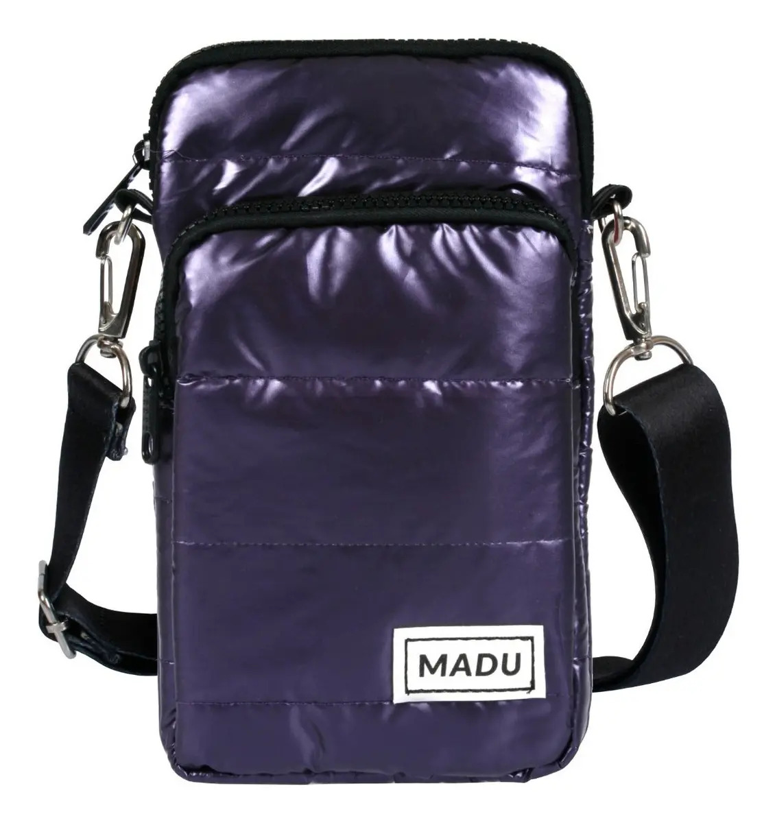 Bandolera Matelasse Porta Celular Unisex Dos Cierres Madu Color Violeta Oscuro Metalizado Liso Níquel Negro - Image 2