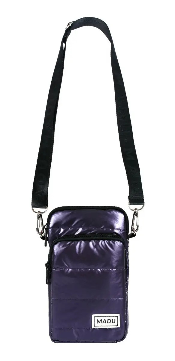 Bandolera Matelasse Porta Celular Unisex Dos Cierres Madu Color Violeta Oscuro Metalizado Liso Níquel Negro - Image 4