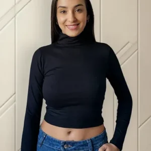 Camiseta Algodón Lisa Cuello Alto Básica Cómoda Casual Mujer