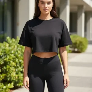 Conjunto Deportivo Mujer Remera Crop Top Y Calza Biker Negro
