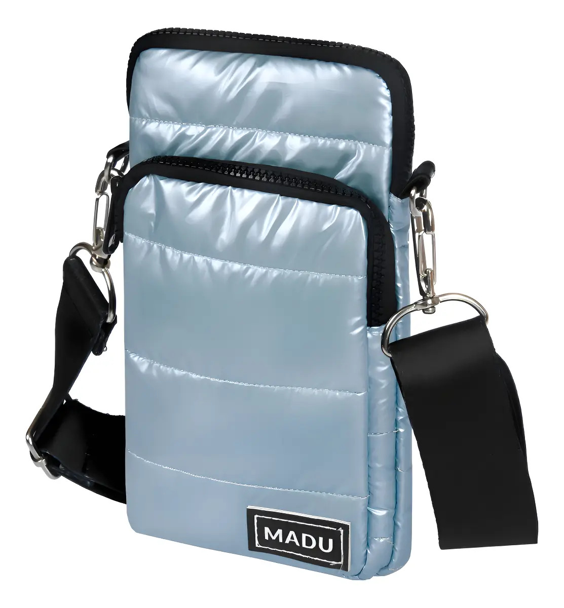 Bandolera Matelasse Porta Celular Unisex Dos Cierres Madu Color Celeste Metalizado