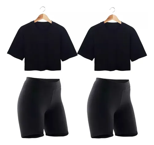 Combo 2 Calzas Biker 2 Boxy Crop Top Mujer Deportivo Negro
