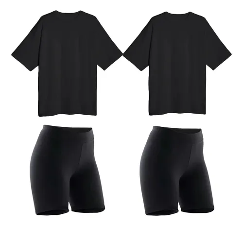 Combo 2 Calzas Biker 2 Remeras Over Mujer Deportivo Negro