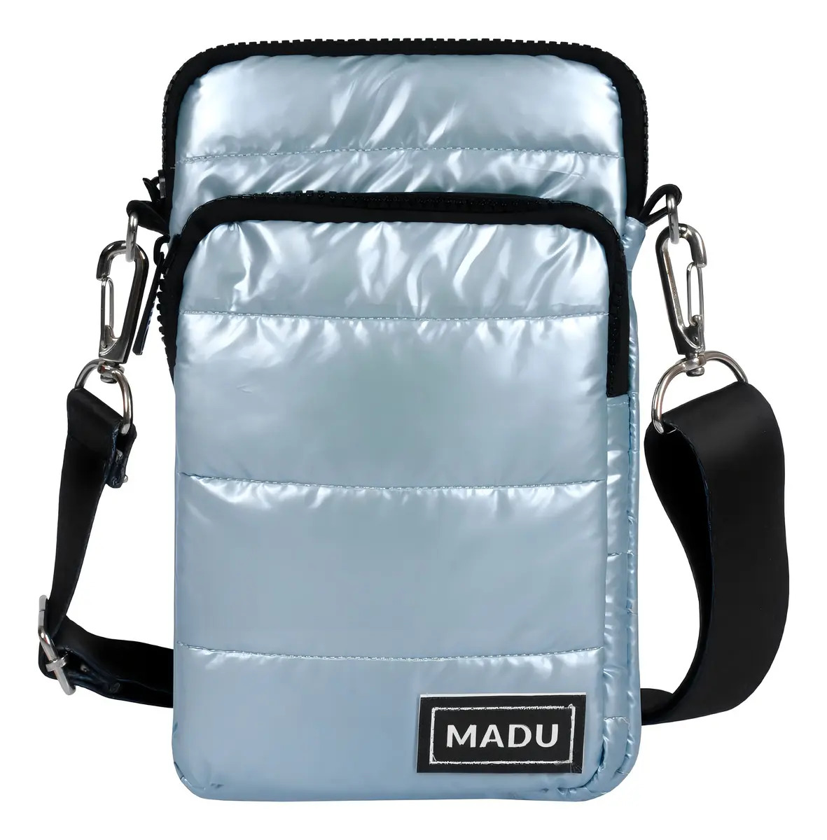 Bandolera Matelasse Porta Celular Unisex Dos Cierres Madu Color Celeste Metalizado - Image 2