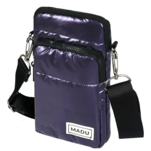 Bandolera Matelasse Porta Celular Unisex Dos Cierres Madu Color Violeta Oscuro Metalizado Liso Níquel Negro