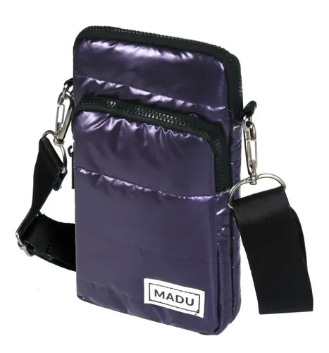 Bandolera Matelasse Porta Celular Unisex Dos Cierres Madu Color Violeta Oscuro Metalizado Liso Níquel Negro