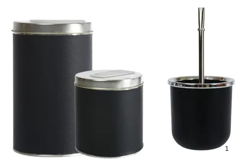 Equipo Matero Set Mate Termico Bombilla Latas Yerba Azucar Negro